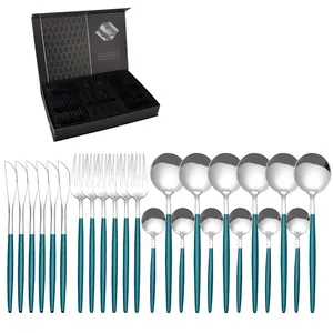Détail du service de couverts 24 pièces en acier inox avec manches turquoise et coffret