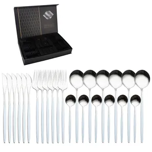 Ménagère 24 pièces en acier inoxydable argent et blanc avec coffret cadeau noir
