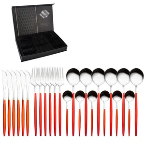 Détail du service de couverts 24 pièces en inox argenté avec manches rouges en coffret