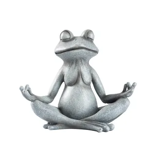 Statua da giardino a forma di rana yoga in resina con finitura grigio pietra naturale