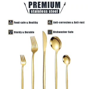 40-piece golden stainless steel cutlery set featuring steak knives, forks, and spoons