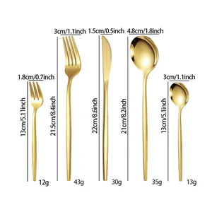 Detailed specs of a 5-piece gold stainless steel flatware set with size and weight info