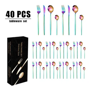 Ménagère 40 pièces en acier inoxydable arc-en-ciel avec boîte cadeau noire élégante