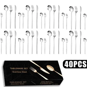Detailed view of a 40-piece stainless steel cutlery set with a luxury black gift box