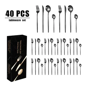 Vue détaillée du service de couverts 40 pièces en acier inoxydable noir mat
