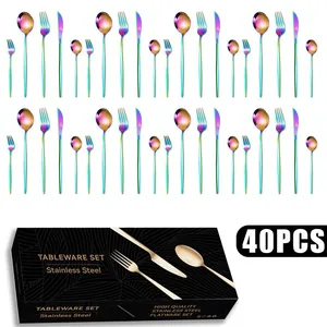 Detailed 40-piece rainbow stainless steel cutlery set with premium black gift box