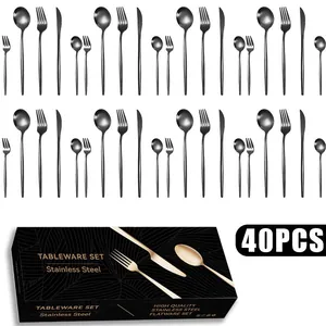 Macro shot of 40-piece matte black stainless steel cutlery set with elegant gift box