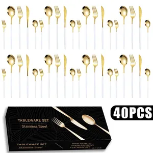 40-piece stainless steel cutlery set with white and gold handles in premium gift box
