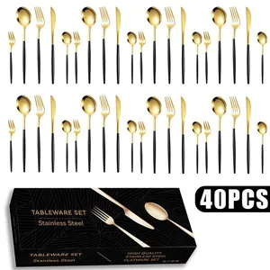 40-piece black and gold stainless steel cutlery set with elegant branded gift box