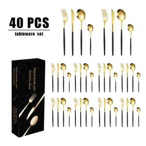 Ménagère 40 pièces en acier inoxydable avec têtes dorées et manches noir mat en coffret