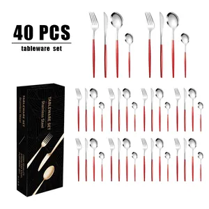 Détail de la ménagère 40 pièces en acier inoxydable avec manches rouges et coffret