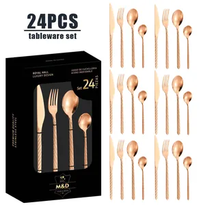 Détail du service de couverts 24 pièces en or rose avec manches texturés en coffret
