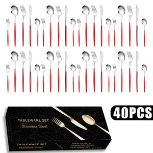 40-piece stainless steel cutlery set with red handles and silver heads in a gift box