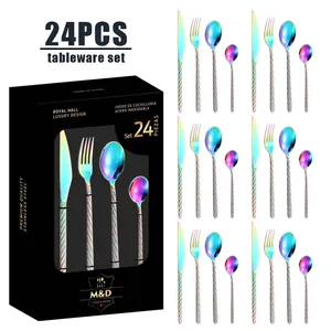 Détail du service de couverts 24 pièces en acier inoxydable arc-en-ciel torsadé