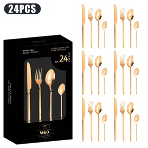 Vue détaillée du service de couverts 24 pièces en or rose avec son coffret cadeau
