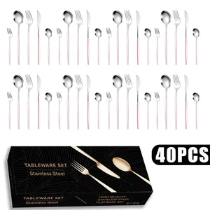Macro view of 40-piece silver stainless steel cutlery set with elegant pink handles in a box