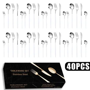 Detailed set of 40 stainless steel cutlery pieces with white handles and storage box