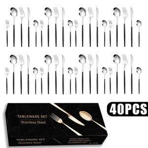 Detailed view of a 40-piece stainless steel cutlery set with black matte handles and box
