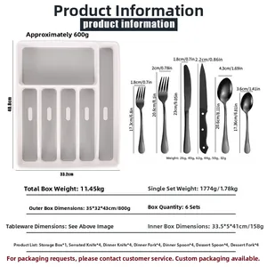 Detailed chart of 24-piece black stainless steel cutlery set with storage organizer