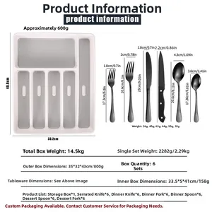Detailed size chart of stainless steel cutlery set with storage box dimensions and weights