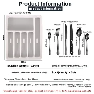 Detailed size specifications for 40-piece black stainless steel cutlery set with storage box