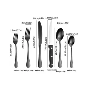 Size chart showing precise dimensions and weights of the black stainless steel cutlery set