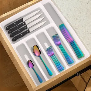 5-compartment drawer organizer with stainless steel cutlery set for kitchen storage