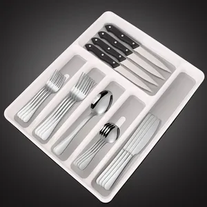 White kitchen drawer cutlery tray with grey non-slip lining and multiple storage compartments