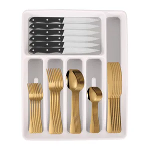 6-compartment kitchen drawer organizer with golden stainless steel cutlery and black knives