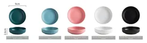 Detailed view of matte ceramic sauce dishes in five colors with 9cm diameter dimensions
