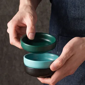 Nordic matte ceramic seasoning dishes in dark green, blue and black stackable set