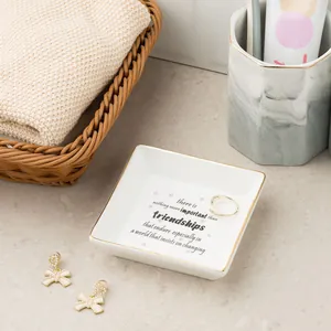 Square white ceramic jewelry tray with gold edge and friendship quote for ring storage