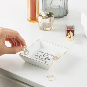 Square ceramic jewelry tray with gold rim and Happy Birthday Mother printed text
