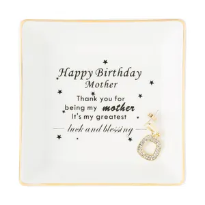 Square white ceramic jewelry tray with gold trim and birthday message for mother