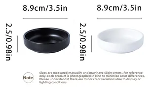 Detailed dimensions of round ceramic sauce dish in matte black and white finishes