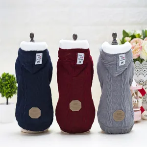 Three-color cable knit dog sweaters with warm fleece lining and hood in blue red and grey