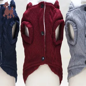 Detailed view of winter dog knit hoodies in navy, burgundy, and grey with fleece lining