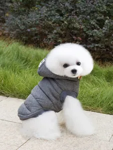 Close-up of dark grey padded pet hoodie with quilted windproof fabric and warm fleece lining
