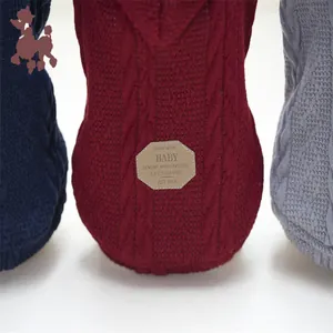 Detailed cable knit pet sweaters in navy blue, burgundy, and grey with hooded design
