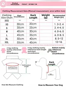 Size chart for thick dog fleece sweater from XS to XXL with measurement instructions