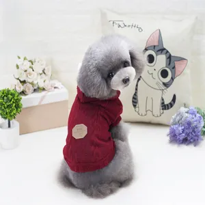 Detail of red knitted dog sweater with vintage leather patch on cable knit fabric
