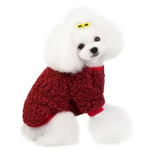 Thick burgundy fleece sweater for small dogs with red ribbed collar and cuffs