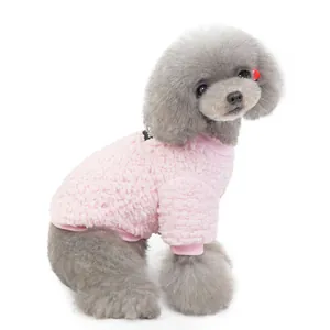 Soft pink plush fleece pet sweater for small dogs with elastic ribbed cuffs and hem