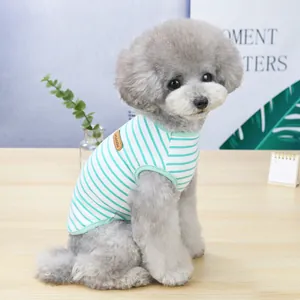 Striped green and white cotton pet vest for dogs and cats with brand leather patch