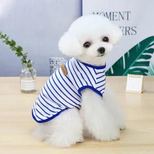 Blue and white striped summer dog vest with leather tag and ribbed blue trim for small pets