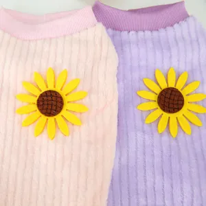 Plush corduroy pet sweater with sunflower patch in pink and purple colors for dogs and cats