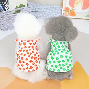 Floral print pet dresses with ruffled sleeves for small dogs and cats in red and green