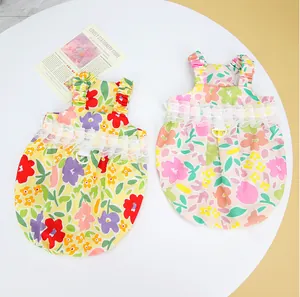 Blumiges Haustier-Spitzenkleid-Set mit D-Ring für kleine Hunde und Katzen in Gelb und Rosa