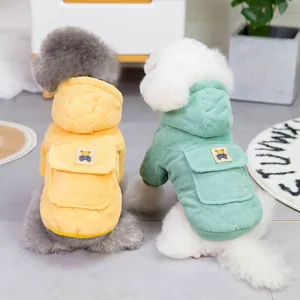 Quilted corduroy pet hoodies with bear pockets for small dogs in yellow and green colors