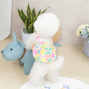 Detailaufnahme des floralen Haustierkleides mit Spitzenkragen und bunten Blumenmustern